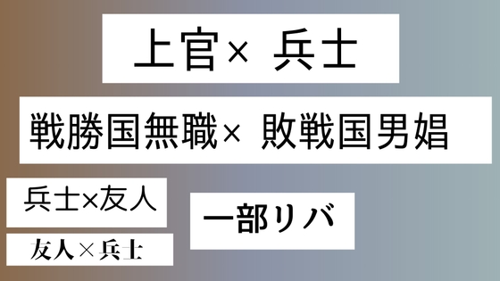 上官×兵士、戦勝国無職×敗戦国男娼