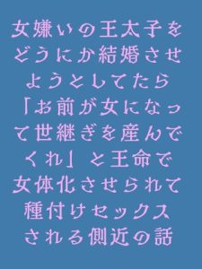 [RJ01407376] (う田) 
女嫌いの王太子をどうにか結婚させようとしてたら「お前が女になって世継ぎを産んでくれ」と王命で女体化させられて種付けセックスされる側近の話