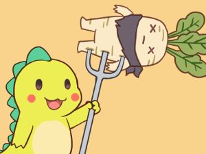 [RJ01454622] (みんなで翻訳) 
【スペイン語版】【3コマ漫画】「更生しないなら串に刺すだけだ」三叉槍恐竜の野菜指導録